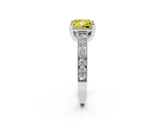 Fancy Yellow Princess Cut Diamond Solitaire Ring Set in White gold with Milgrain-Edged Pavé Band and Prong Setting