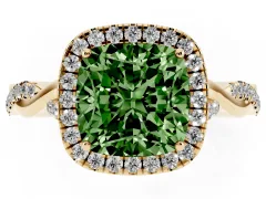 Fancy Green Cushion Cut Diamond Halo Twist Band Solitaire Ring Set in Yellow gold with Prong Setting
