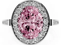 Fancy Pink Oval Cut Diamond Halo Ring Set in White gold with Accent-Lined Split Shank and Prong Setting
