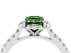 Fancy Green Emerald Cut Diamond Solitaire Ring Set in White gold with Pavé Band and Floral Prong Setting