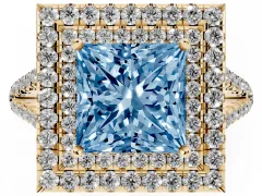 Fancy Blue Princess Cut Diamond Double Halo Ring Set in Yellow gold with Pavé Band