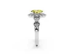 Fancy Yellow Oval Cut Diamond Solitaire Ring Set in Platinum with Milgrain Pavé Heart Band