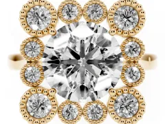 Round Cut Diamond Cluster Halo Ring Set in Yellow gold with Milgrain Bezel Accents and Plain Band