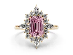 Fancy Pink Emerald Cut Diamond Cluster Halo Ring Set in Yellow gold with Marquise and Round Accents