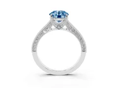 Fancy Blue Round Cut Diamond Solitaire Ring Set in Silver with Milgrain-Edged Pavé Band and Prong Setting