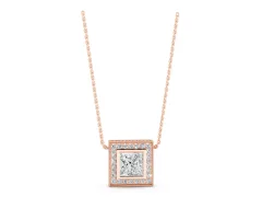 Princess Cut Diamond Halo Pendant Set in Rose gold with Bezel-Set Center