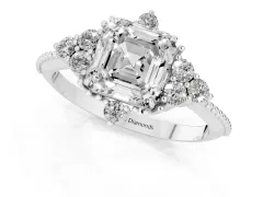 Asscher Cut Diamond Cluster Ring Set in White gold with Beaded Band