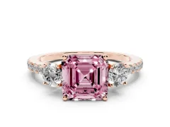 Fancy Pink Asscher Cut Diamond Three-Stone Ring Set in Rose gold with Pavé Band and Graduated Sides