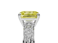 Fancy Yellow Emerald Cut Diamond Solitaire Ring Set in White gold with Multi-Row Round Pavé Band and Prong Setting