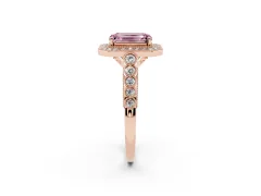 Fancy Pink Emerald Cut Diamond Milgrain Halo Solitaire Ring Set in Rose gold with Bezel Set Side Stones and Pavé Band