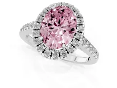 Fancy Pink Oval Cut Diamond Pavé Halo Engagement Ring Set in White gold with Pavé Band and Prong Setting