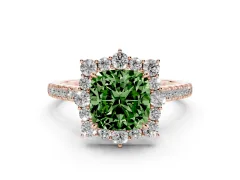 Fancy Green Cushion Cut Diamond Halo Ring Set in Rose gold with Pavé Band and Prong Setting