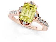 Fancy Yellow Emerald Cut Diamond Solitaire Ring Set in Rose gold with Pavé Band and Floral Prong Setting