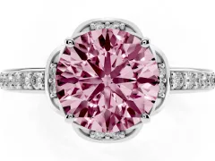 Fancy Pink Round Cut Diamond Halo Ring Set in White gold with Channel Set Band and Prong Setting