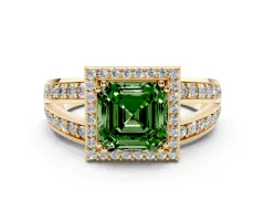 Fancy Green Asscher Cut Diamond Halo Ring Set in Yellow gold with Double Pavé Split Shank
