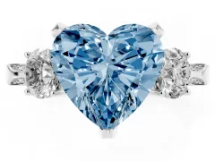 Fancy Blue Heart Cut Diamond Three-Stone Ring Set in Platinum with Pavé Band and Smaller Side Stones