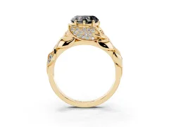 Fancy Black Heart Cut Diamond Leaf-Inspired Engagement Ring Set in Yellow gold with Round Accents