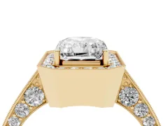 Radiant Cut Diamond Halo Engagement Ring Set in Yellow gold with Accent Split Shank Band
