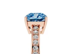 Fancy Blue Cushion Cut Diamond Pavé Band Prong Set Solitaire Ring Set in Rose gold