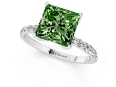 Fancy Green Princess Cut Diamond Solitaire Engagement Ring Set in Silver with Round Pavé Band and Prong Setting