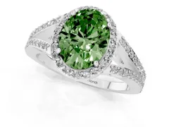Fancy Green Oval Cut Diamond Halo Split Shank Pavé Ring Set in Silver with Prong Setting