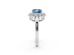 Fancy Blue Princess Cut Diamond Milgrain Halo Solitaire Ring Set in Silver with Bezel Set Side Stones and Pavé Band