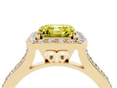 Fancy Yellow Asscher Cut Diamond Halo Engagement Ring Set in Yellow gold with Round Pavé Shoulders and Heart Gallery
