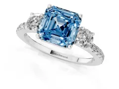 Fancy Blue Asscher Cut Diamond Three-Stone Ring Set in Silver with Pavé Band and Graduated Sides