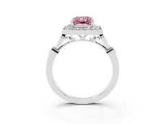 Fancy Pink Radiant Cut Diamond Halo Engagement Ring Set in Platinum with Twisted Band and Prong Setting