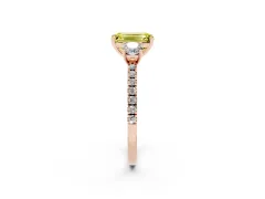 Fancy Yellow Emerald Cut Diamond Three-Stone Ring Set in Rose gold with Pavé Band and Graduated Sides