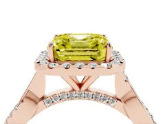 Fancy Yellow Asscher Cut Diamond Halo Twist Band Solitaire Ring Set in Rose gold with Prong Setting