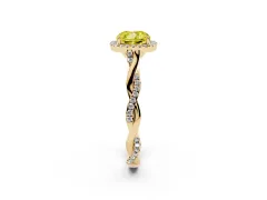 Fancy Yellow Cushion Cut Diamond Halo Twist Band Solitaire Ring Set in Yellow gold with Prong Setting
