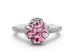 Fancy Pink Round Cut Diamond Halo Ring Set in Platinum with Channel Set Band and Prong Setting
