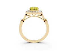 Fancy Yellow Radiant Cut Diamond Halo Engagement Ring Set in Yellow gold with Twisted Band and Prong Setting