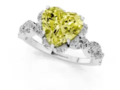 Fancy Yellow Heart Cut Diamond Halo Twist Band Solitaire Ring Set in White gold with Prong-Set Center Stone