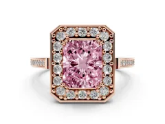 Fancy Pink Radiant Cut Diamond Halo Ring Set in Rose gold with Accent-Lined Split Shank and Prong Setting