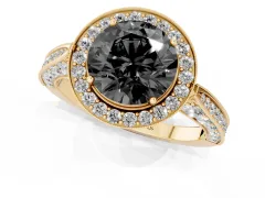 Fancy Black Round Cut Diamond Halo Engagement Ring Set in Yellow gold with Accent Split Shank Band