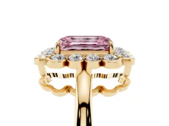 Fancy Pink Emerald Cut Diamond Halo Cluster Engagement Ring Set in Yellow gold with Solitaire Band and Prong Setting