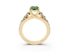 Fancy Green Oval Cut Diamond Pavé Engagement Ring Set in Yellow gold with Prong Setting