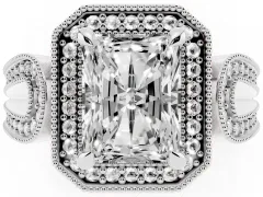 Radiant Cut Diamond Halo Ring Set in Platinum with Milgrain Accent Split Shank