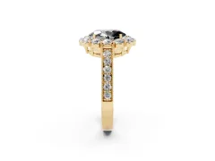 Fancy Black Oval Cut Diamond Halo Pavé Engagement Ring Set in Yellow gold with Milgrain Detailing