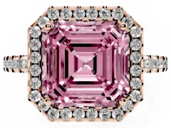 Fancy Pink Asscher Cut Diamond Halo Ring Set in Rose gold with Pavé Shoulders and Halo-Framed Center
