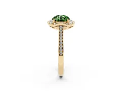 Fancy Green Round Cut Diamond Halo Ring Set in Yellow gold with Pavé-Lined Shoulders and Prong Setting