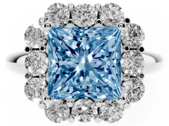 Fancy Blue Princess Cut Diamond Milgrain Halo Solitaire Ring Set in Platinum with Bezel Set Side Stones and Pavé Band