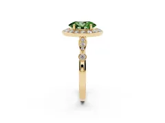 Fancy Green Oval Cut Diamond Halo Engagement Ring Set in Yellow gold with Twisted Band and Prong Setting