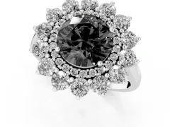 Fancy Black Round Cut Diamond Floral Double Halo Ring Set in White gold with Round Petals