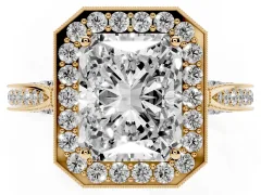 Radiant Cut Diamond Halo Engagement Ring Set in Yellow gold with Accent Split Shank Band