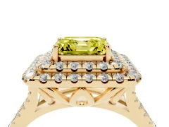 Fancy Yellow Asscher Cut Diamond Double Halo Ring Set in Yellow gold with Pavé Split Shank and Prong Setting