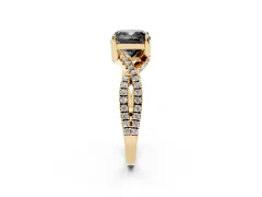 Fancy Black Cushion Cut Diamond Twist Pavé Solitaire Engagement Ring Set in Yellow gold with Prong Setting