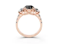 Fancy Black Round Cut Diamond Three-Stone Ring Set in Rose gold with Pavé Band